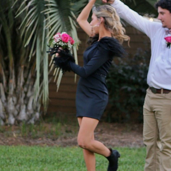 black homecoming dress, sparkles on sleeve& belt, feathers on sleeve & shoulder - Picture 4 of 4